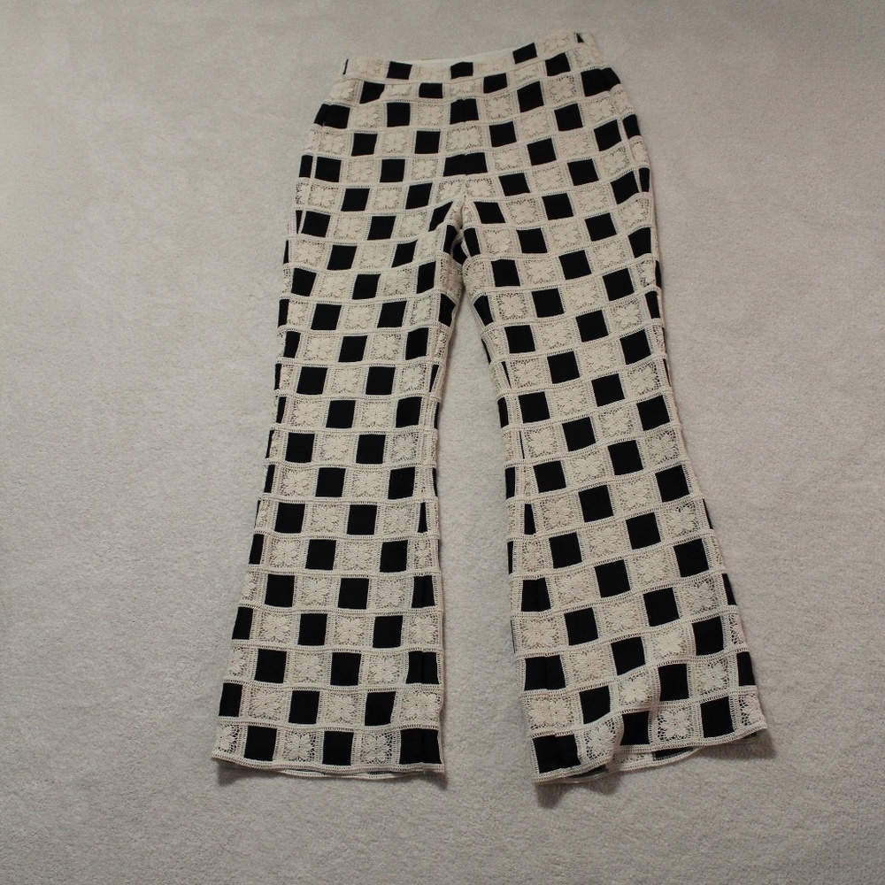 Checkerboard Crochet Wide-Leg Pants - Black & Cream - Picture 2 of 4